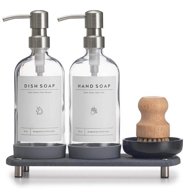 [Luxury] Kitchen Soap Dispenser Set - 16OZ Clear Glass Bottle, Stainless Steel Pump, Instant Dry Tray, Waterproof Labels, Non-Slip Silicone Pad, and Dish Brush | Upgrade for Your Kitchen and Bathroom