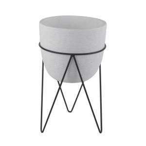 12.5 in. H White Cement Concrete Planter on Metal Stand Mid-Century Planter
