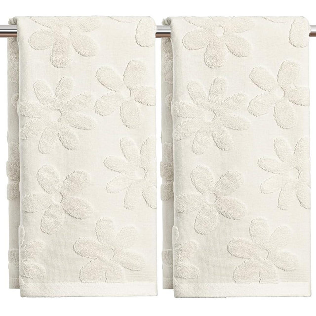 Artoid Mode 2 Pcs Beige 3D Floral Jacquard Spring Hand Towels for Bathroom, 100% Cotton Soft Absorbent Bathroom Decor Towels, 13.7 x 29.5 Inch