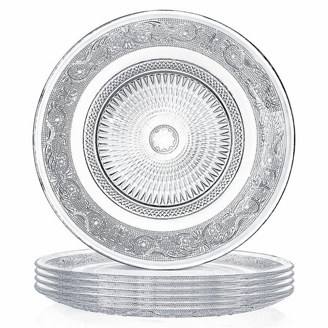 Elsjoy Set of 6 Glass Dinner Plate, 10 Inch Large Serving Plate Round Clear Glass Plate, Vintage Embossed Dinnerware for Pasta, Salad, Home Wedding Decor
