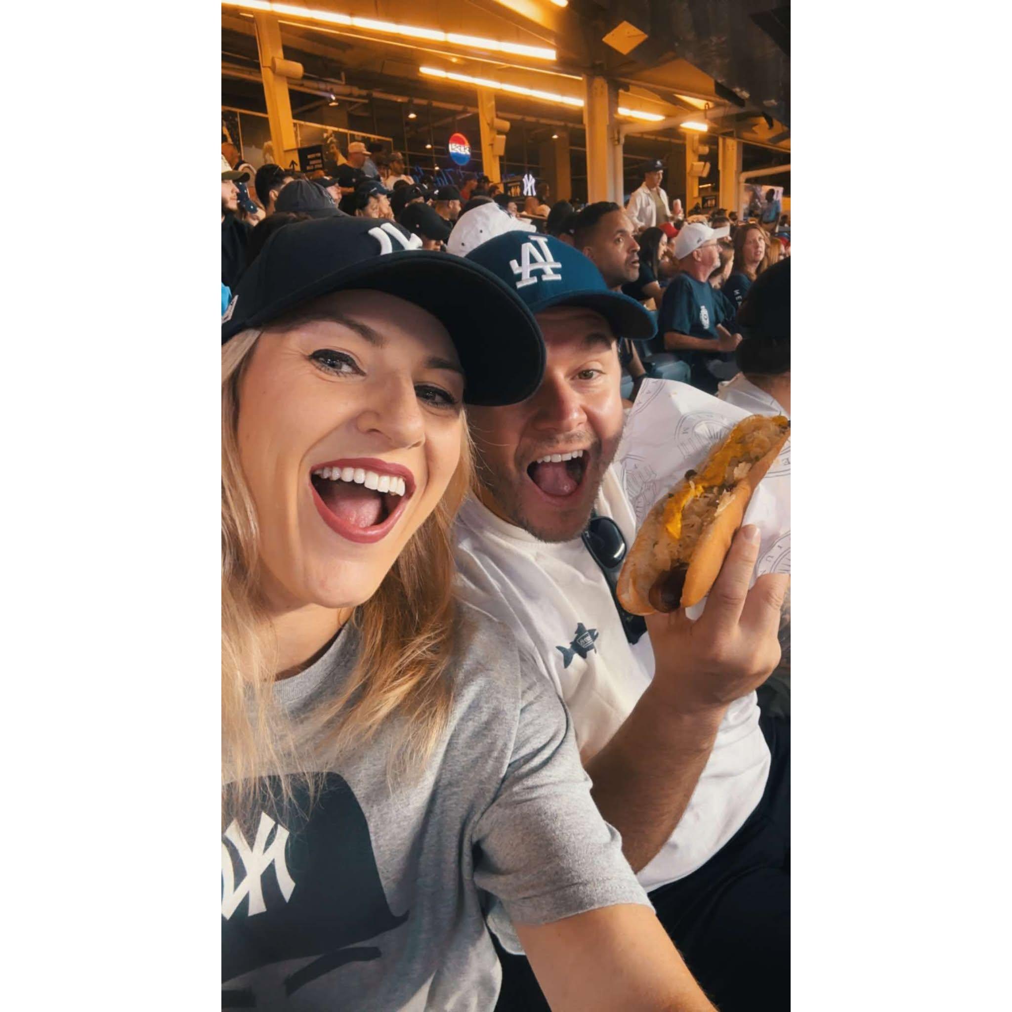 Who wore a Los Angeles Dodgers cap to Yankee Stadium? NY has better Hot Dogs according to Casey.