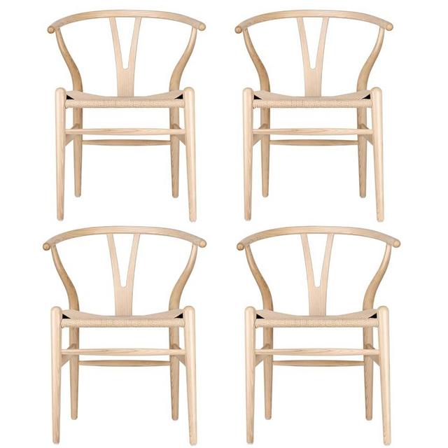 Tomile Set of 4 Wishbone Chair Solid Wood Y Chair Mid-Century Armrest Dining Chair, Hemp Seat (Ash Wood - Natural)