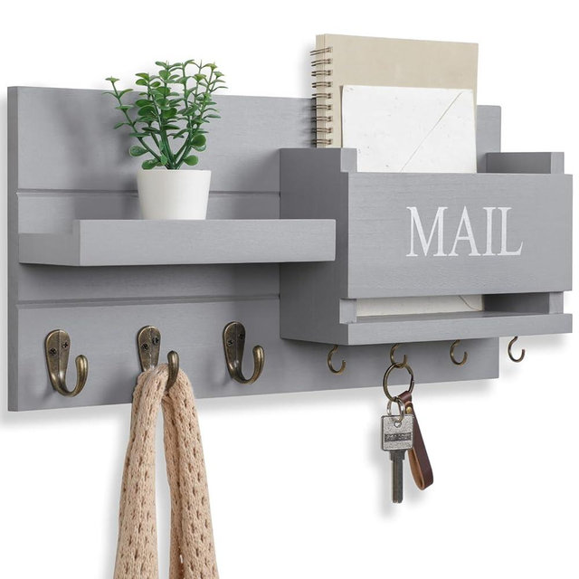 Lwenki Mail Organizer for Wall Mount – Key Holder with Shelf Includes Letter Holder and Hooks for Hallway Farmhouse Decor – Rustic Wood with Flush Mounting Hardware (16.5” x 9.1” x 3.4”) (Gray)