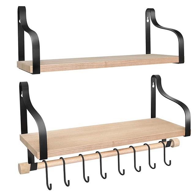FUNSEED Floating Shelves Wall Mounted Set of 2 , Rustic Wood Wall Storage Shelves with Towel Holder&8 Removable Hooks for Kitchen, Bedroom, Living Room, Bathroom (Natural Color)