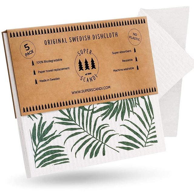SUPERSCANDI 5 Pack (3 Printed, 2 White Cloths) Patterned Palm Tree Swedish Dishcloths Reusable Biodegradable Cellulose Sponge Cleaning Cloths for Kitchen Towel Replacement Washcloths