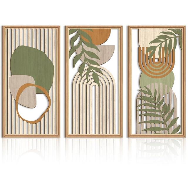 IARTTOP Large Abstract Geometric Wood Wall Art Framed Boho Wall Art Set Of 3 Mid Century Modern Wall Art Neutral Wall Decor For Bedroom Living Room Office-16 x32