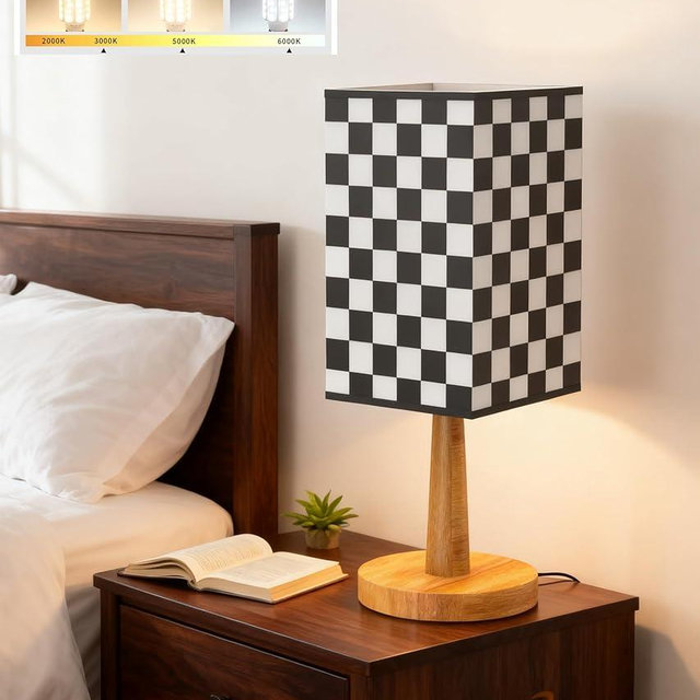 BGMUTCX Bedside Table Lamp with 12W LED Bulb, Chess Board Fabric Shade (Racing Flag Black and White Pattern), 3 Color Modes - Suitable for Bedroom, Nightstand, Office, Living Room, Guest Room