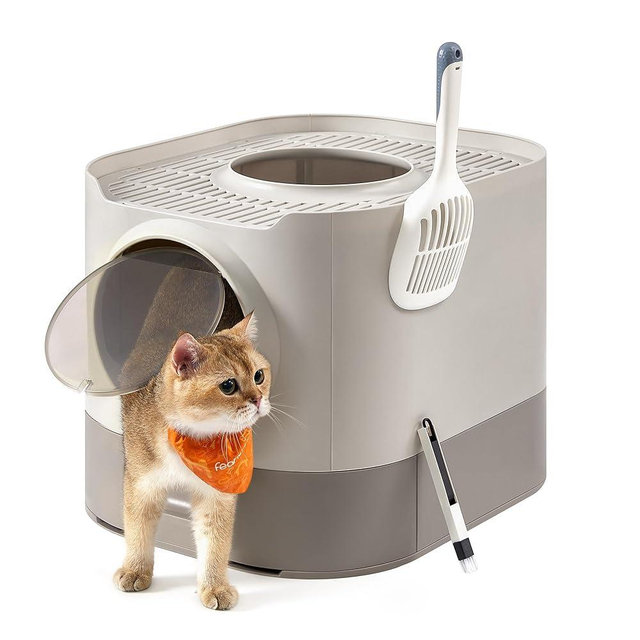 Feandrea Cat Litter Box with Lid, XL Enclosed Litter Box with Slide-Out Tray, Scoop, Brush, Anti-Tracking, for Cats of Different Sizes, Oatmeal and Warm Gray UPPT002G01
