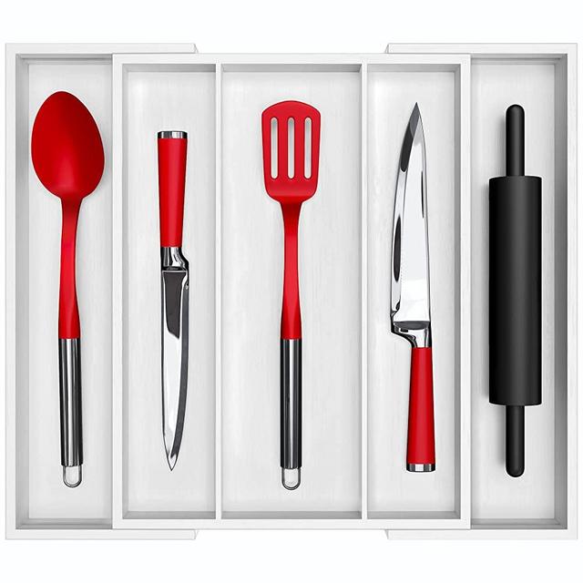 Luxury Bamboo Kitchen Drawer Organizer - Expandable Utensil Organizer for Drawer - Utensil and Silverware Holder and Cutlery Tray (White, 19.6" x17")