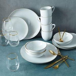 Gold Starter Set: Gold Rimmed Organic Dinnerawre/Gold 20-Pc Flatware Set/Gold Metallic Rimmed Wine Glass, Set of 4