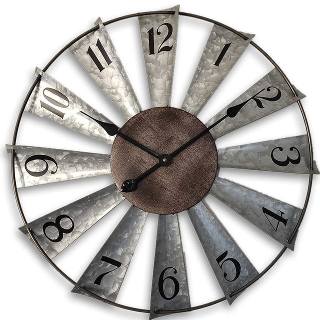Mrocioa 30inch Windmill Distressed Metal Wall Clocks Rustic Large Decorative Clock Oversized Farmhouse Decor,Non Ticking,Battery Operated