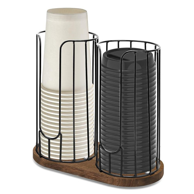 Tanggiteck 2-Compartment 18oz Coffee Cup Dispenser Rack with Wood Base, Disposable Cup, and Lid Organizer for Countertop - Perfect for Paper Cups, and Lid Organizer
