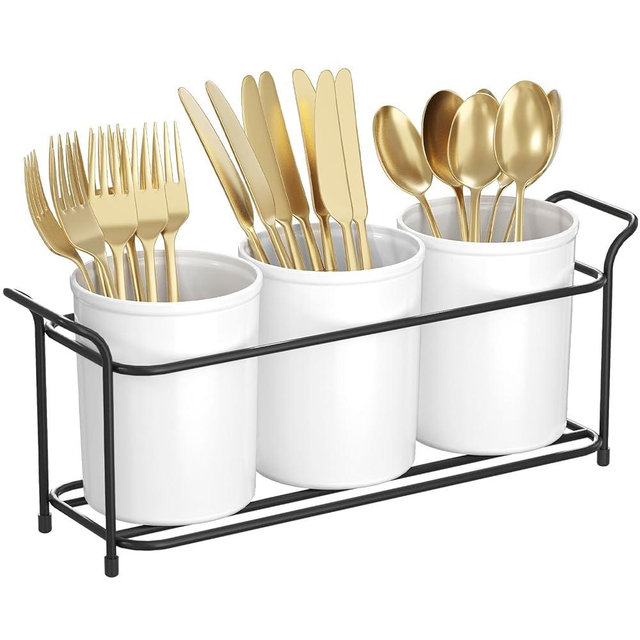 Lifewit Plastic Silverware Caddy with Metal Rack, Utensil Holder for Party, Cutlery Flatware Organizer for Kitchen Counter, Forks Spoons Knives Storage for Picnic Camping Outdoor Buffet, White&Black