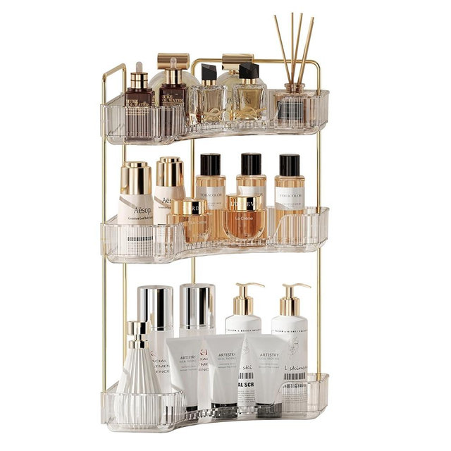 YCIA&DONE Corner Counter Bathroom Organizer Countertop, 3 Tiers Cosmetic Perfume Tray, Vanity Organizers for Makeup, Skincare, Clear Corner Rack for Bedroom, Bathroom, Kitchen(Clear White)