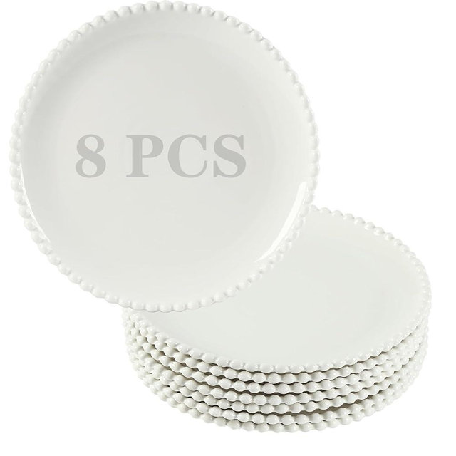 TAMAYKIM 10.5 Inch Porcelain Dinner Plates, Pasta Steak Salad Plates, Round Shape Serving Dinnerware Sets, Scratch Resistant, Microwave, Oven, and Dishwasher Safe, White with Pearl Dots, Set of 8