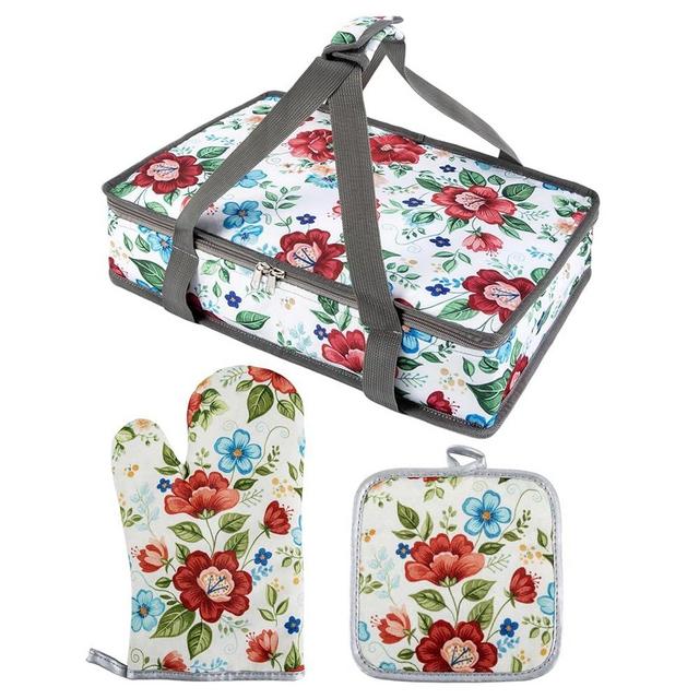 Pioneer Woman Style Insulated Casserole Carrier for Hot or Cold Food, Fits 9"x13" Baking Dish, Thermal Lasagna Lugger with Oven Mitts and Pot Holders Set, Floral Kitchen Accessories for Potluck 3 PCS