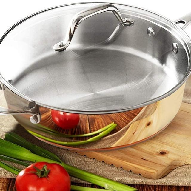 HOMICHEF 9.5 Inch Nickel Free Stainless Steel Saute Pan With Lid Induction Oven Safe - Premium Mirror Polished Copper Band Stainless Steel Pan With Glass Lid - 2.5 Quart Non Toxic Cookware Pans