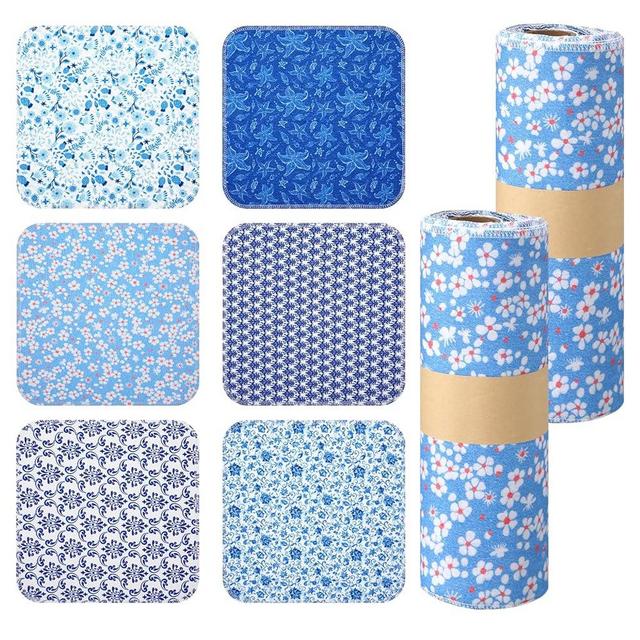 Kinlop 48 Pcs Paperless Towels Roll Washable Cotton Cloth, Reusable Paper Towels with Durable Cardboard Roll - 10 x 10 Reusable Napkins Paperless Paper Towels(Blue and White Style)