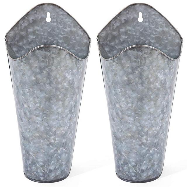 Mkono Galvanized Metal Wall Planter, Farmhouse Style Hanging Wall Vase Planters for Succulents or Herbs,Wall Pocket Planters, Flowers Holder Country Rustic Home Wall Decor Set of 2, Silver