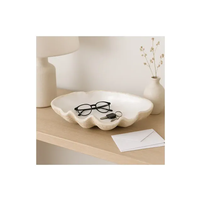 Decorative Clam Shell Bowl for Coffee Table Decor - Costal Inspired Bowl for Centerpiece Table Decorations or Home Decor Accents - 4", Ivory & Tan