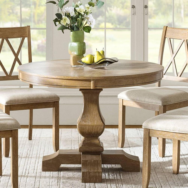 HULALA HOME Round Dining Table for 4, 42” Farmhouse Oak Wood Dining Room Kitchen Table Top with Pedestal Base, Rustic Dinner Table for Living Room, Apartment, Nature