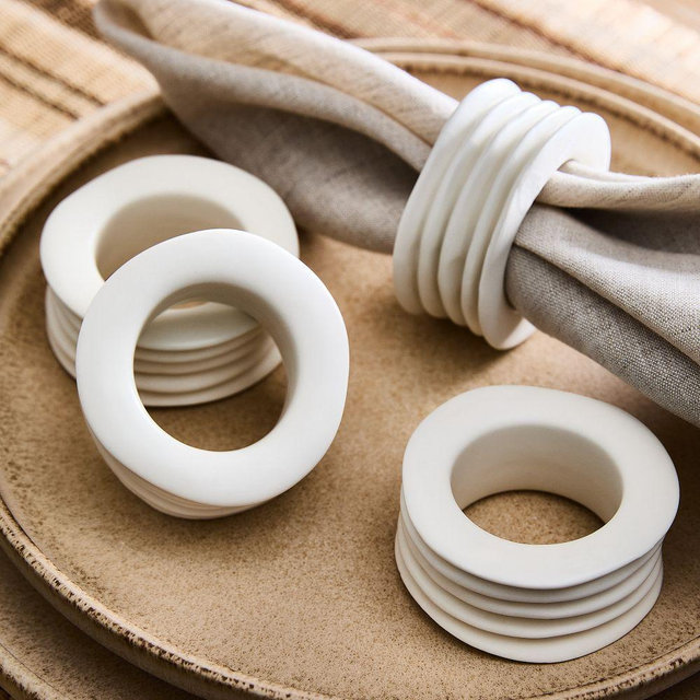 Textural Ceramic Napkin Ring, White, Set of 4