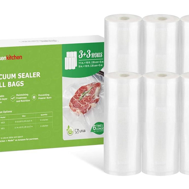 Bonsenkitchen Vacuum Sealer Rolls Bags, 6 Pack 3 Rolls 11" x 16' + 3 Rolls 8" x 16' Commercial Grade BPA Free Bag Rolls, Durable Customized Size Food Vac Bags for Storage and Sous Vide Cooking VB22