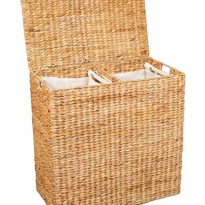 BirdRock Home Water Hyacinth Laundry Hamper Divided Interior (Natural) | Eco Friendly | Made of Hand Woven Hyacinth Fibers | Includes Two Removable Cotton Liners Bag | Wicker Laundry Basket with Lid