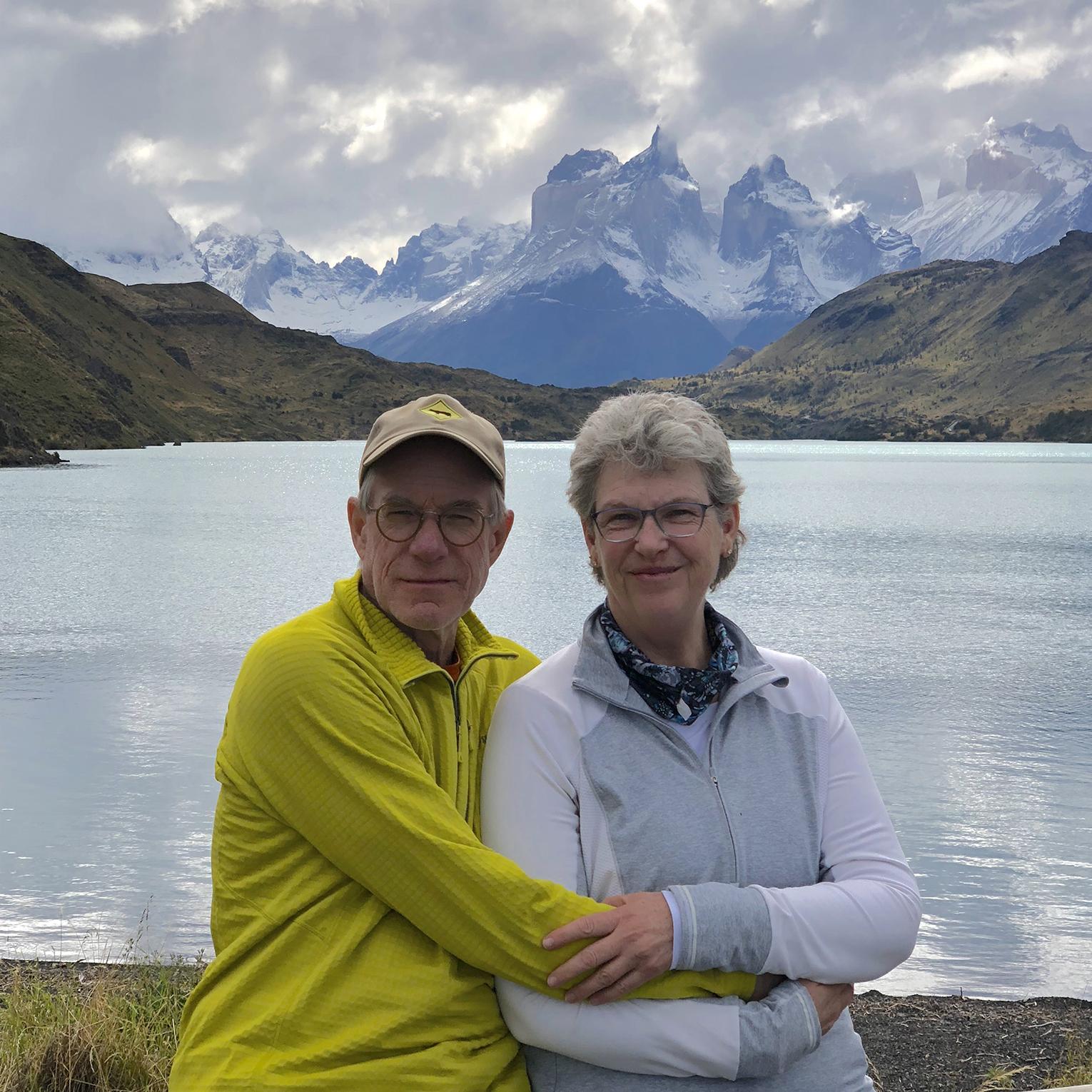 In Parque Nacional Torres del Paine, Chile with Los Cuernos del Paine behind, 2018