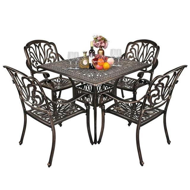 VINGLI 5 Pieces Outdoor Patio Dining Set, Cast Aluminium Patio Furniture Set with 4 Chairs and 1 Umbrella Table for Yard, Garden, Porch and Poolside, Bronze