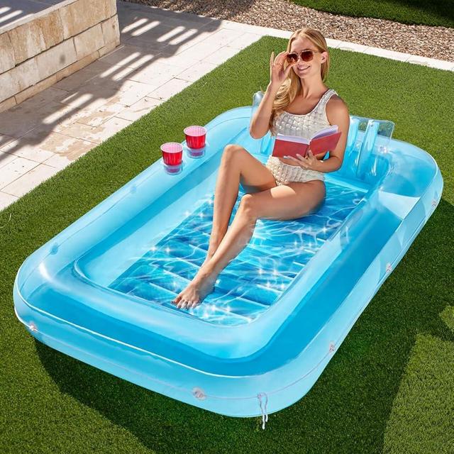 SLOOSH Inflatable Tanning Pool Lounger Float, 70" x 46" Pool Floats Adult with Pillow, 4 in 1 Suntan Tub Raft Floatie,Sunbathing Bed Lounge for Water Blow Up Kids Ball Pit Party Gifts, L-Blue