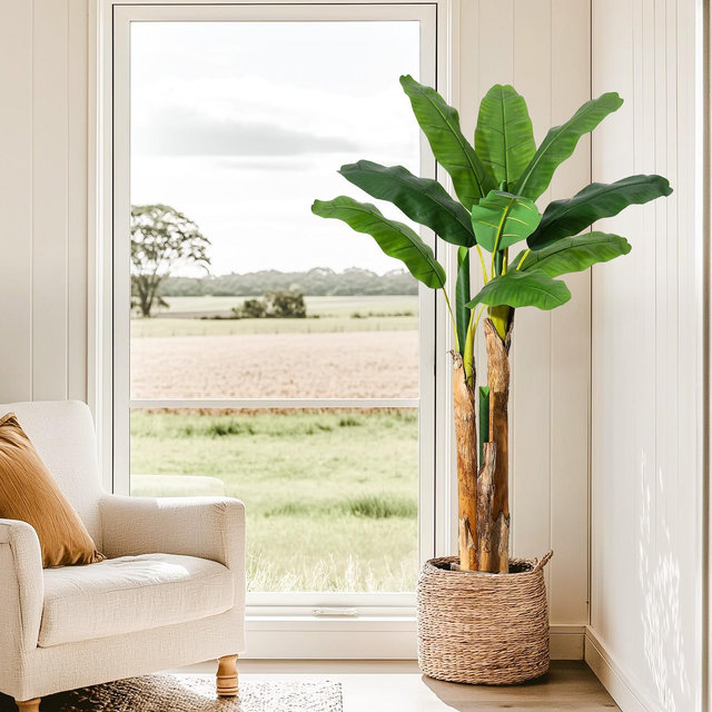 Garvee 5FT Tall Artificial Banana Tree, Fake Banana Tree w/ 11 Large Leaves, three Stalks,Natural Bark,Free Maintenance for Living Room Office Decor