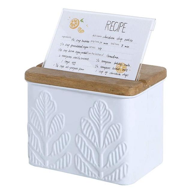 NIKKY HOME 4x6 Kitchen Metal Recipe Organization Box with Cards and Dividers, Plant Embossing Pattern
