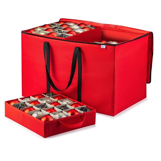 Zober Premium Large Carrying Christmas Ornament storage Box with Clear Lid, 3" Compartment, Contains 10 Trays, Keeps 200 Holiday Ornaments & Xmas Accessories, Made Of Tear Proof Made Of 600D Oxford Fabric.