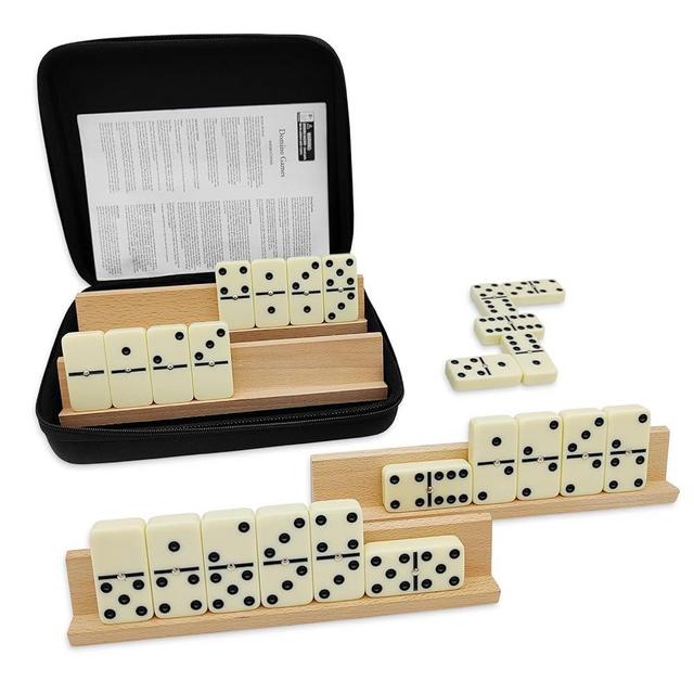Dominoes Set for Adults with 4 Wooden Racks/Trays, Double Six Dominoes Travel Set with Portable Case Double 6 Dominoes Set with 4 Tiles Holders, 28 Tiles Dominos Set for Family Classic Board Games