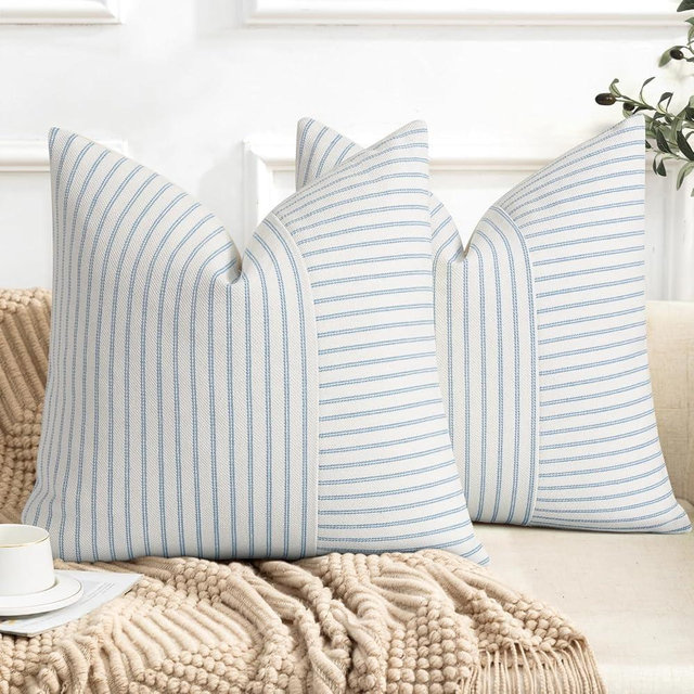 YCOLL Farmhouse Pillow Covers 18x18, Modern Accent Square Throw Pillow Covers Set of 2, Light Blue and Beige Striped Patchwork Linen Decorative Cushion Covers for Couch Chair Bedroom Home Decor
