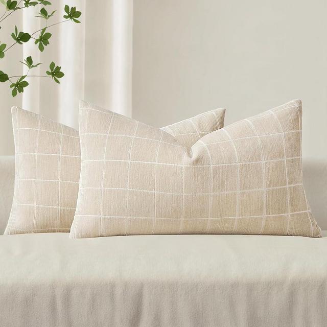 MIULEE Decorative Chenille Check Lumbar Throw Pillow Covers Vintage Plaid Couch Pillows 12x20 Inch Set of 2 Neutral Boho Farmhouse Cushion Covers Modern Spring Decor for Sofa Bed Living Room Beige