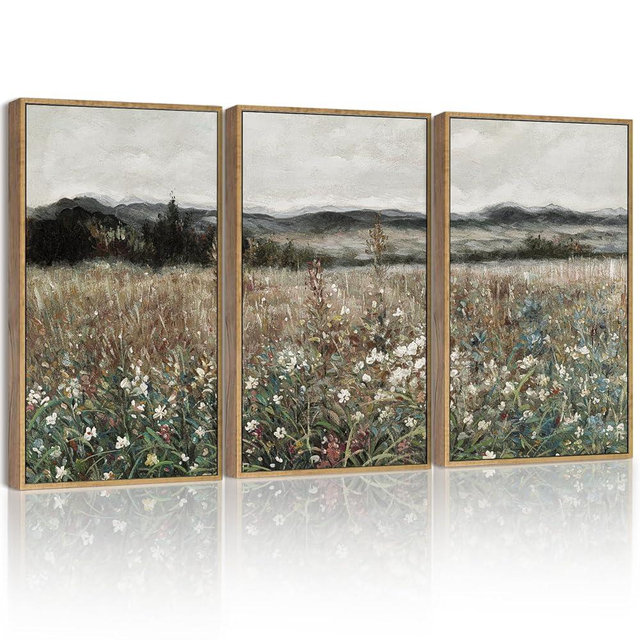 SHENIFY Vintage Landscape Framed Wall Art Meadow Flowers Farmhouse Decor Retro Classic Painting for Kitchen Living Room Bedroom Bathroom - 11x14in3pcs Natural Framed