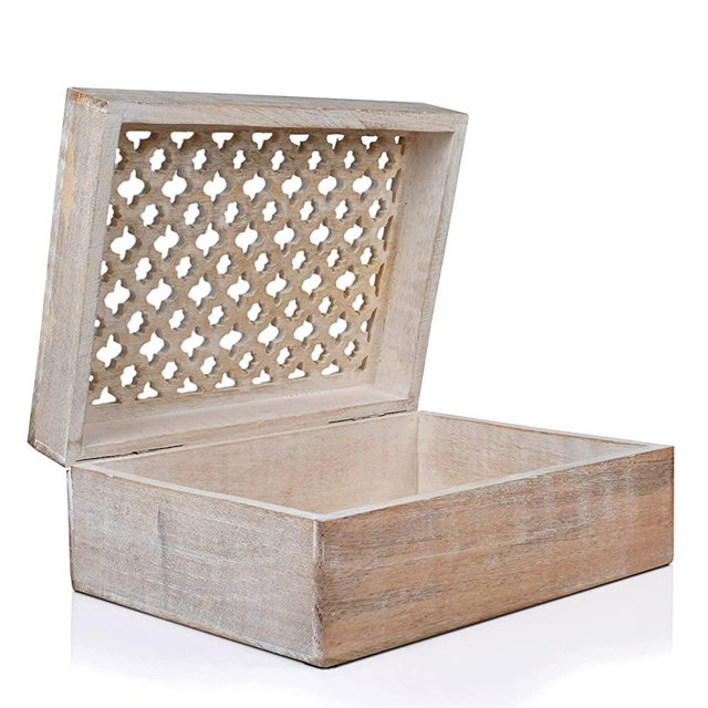 Wood Keepsake Box with Hinged Lid in Trellis Design - Decorative Wooden Box Used as Storage Box, Stash Box, Jewelry Box, or Trinket Box - Whitewash Finish, 10.5 x 7.5 x 4 Inch, Extra Large