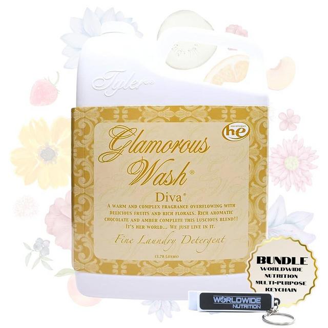 Worldwide Nutrition Bundle, 2 Items: Tyler Glamorous Wash Diva Laundry Liquid Detergent - Hand and Machine Washable Diva Laundry Detergent - 3.78L (1Gallon) Diva Detergent and Multi-Purpose Key Chain