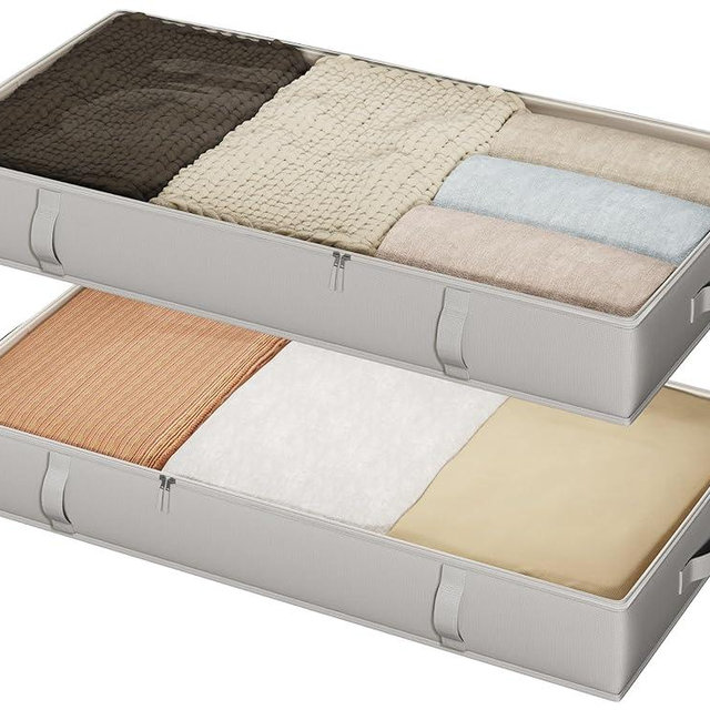 Vailando Under Bed Storage Containers, Underbed Storage Bins, 6 Inches Tall Clothes Storage Box with Sturdy Handles and Sidewalls, Foldable, Gray, 2-Pack