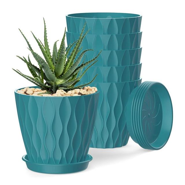 SQKH 4 Inch Plant Pots, 6 Pack Indoor Flower Pots, Planters with Drainage Holes and Trays for Orchids, Violets, Succulents, Herbs, and Other Plants,Blue-Green