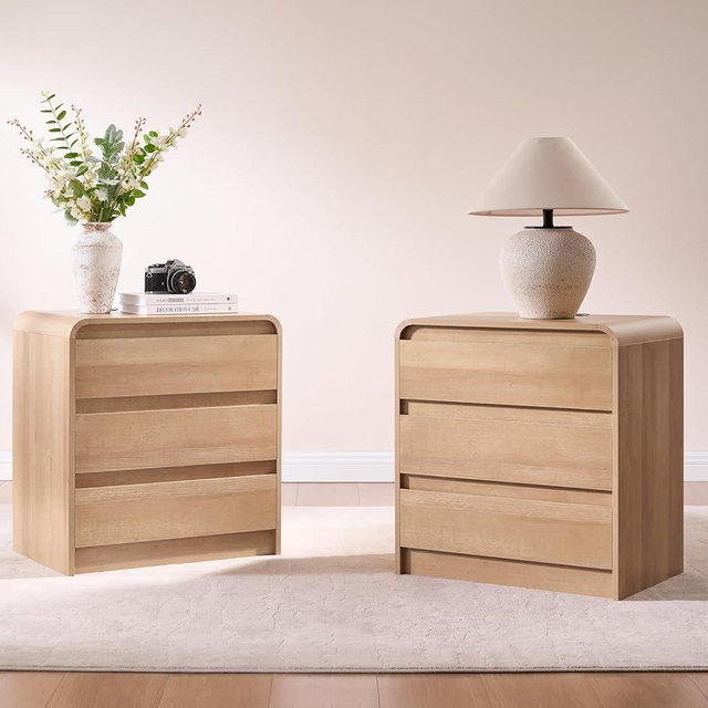 Modern Nightstand Set of 2, Wood Night Stand with Charging Station, Mid Century Bedside Table for Bedroom, Natural Oak