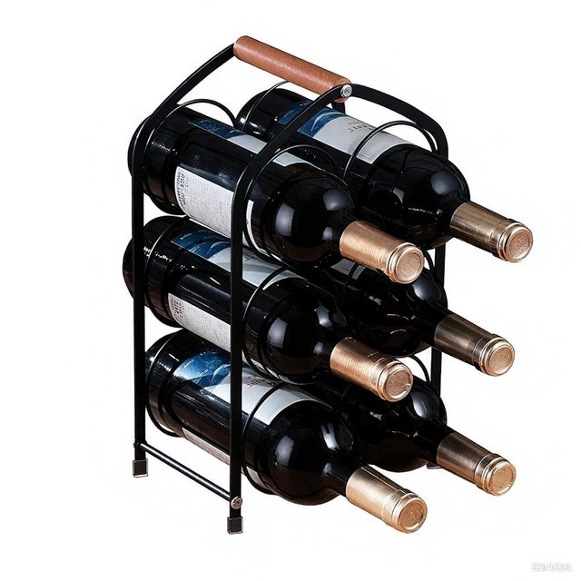 Yaltar Wine Rack countertop Wine Bottle Holder Metal Wine Rack, Industrial Style Honeycomb Design 6-Bottle Wine Storage with Wooden Handle, Easy Installation,for Home Kitchen Bar/Cabinet