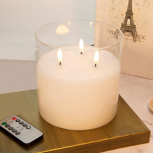 Eywamage 3 Wick Large Flameless Candles in Clear Glass, Flickering LED Battery Pillar Candle with Remote Φ 6" H 6"