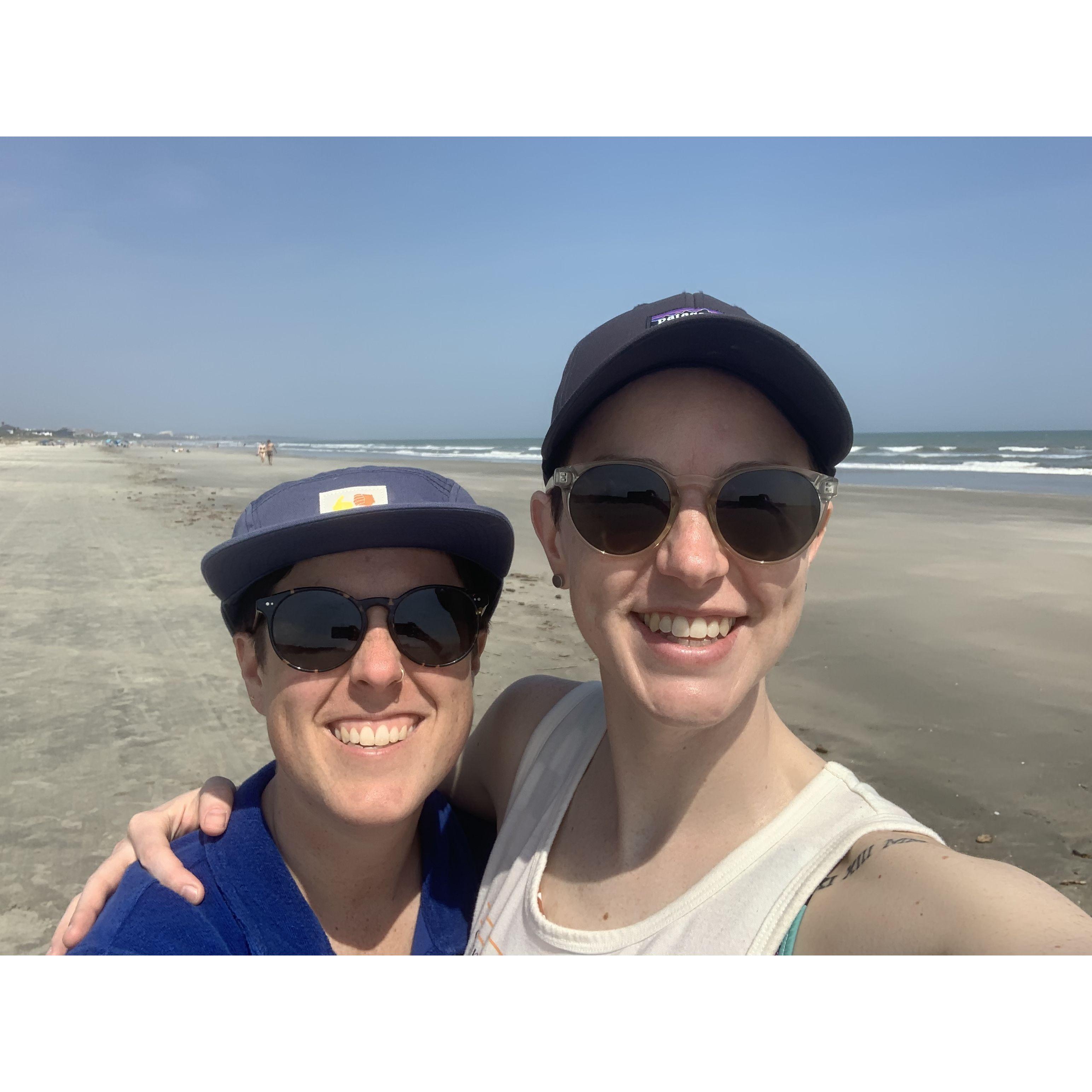 Smiling before stepping on a horseshoe crab.