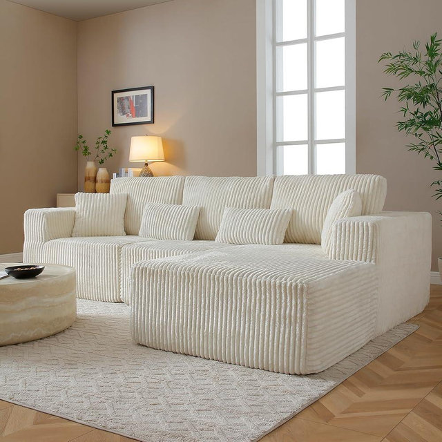 108" L Shaped Couch Modular Sectional Boneless Couches for Living Room, Cloud Comfy Sofa with Deep Seat, Modern Corduroy Upholstered Couch with Chaise, No Assembly Required, White, Right Facing