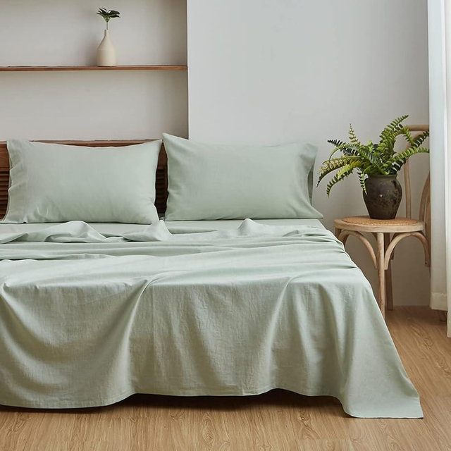 Simple&Opulence Belgian Linen Sheet Set Solid Color - 4 Pieces (1 Flat Sheet, 1 Fitted Sheet & 2 Pillowcases) Natural Flax Cotton Blend Soft Breathable Farmhouse Bedding - Full Size, Mint Green