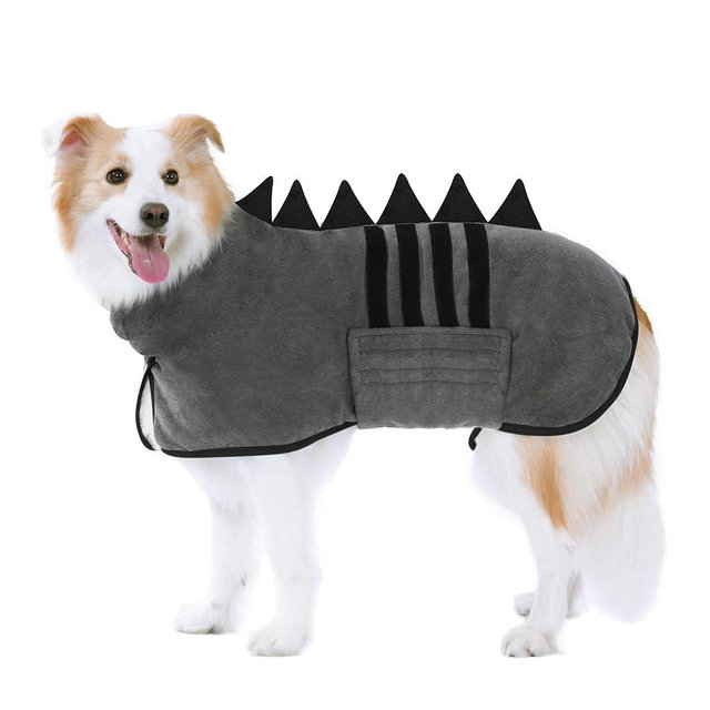 HezzLuv Super Absorbent Dog Bathrobe, Microfiber Bath Robe Towel for Fast Drying, Cozy Fit, Adjustable Belly Strap, Unique Dinosaur Design Dog Drying Coat for Bath, Rainy Walks & Cold Weather