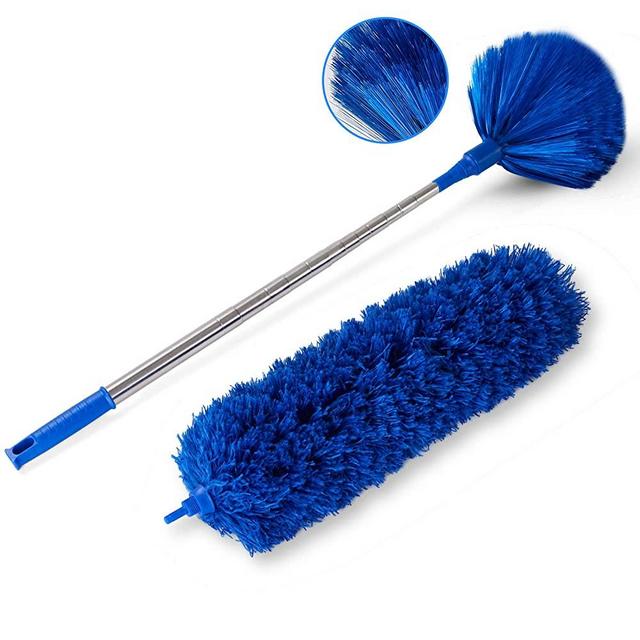 Ceiling Fan Duster with Extension Pole, Cobweb & Corner Brush Cleaning Kit w 2 Duster Heads for Cleaning,15-100 Inch Long Handle Aluminum Telescoping Pole, Washable（Blue）